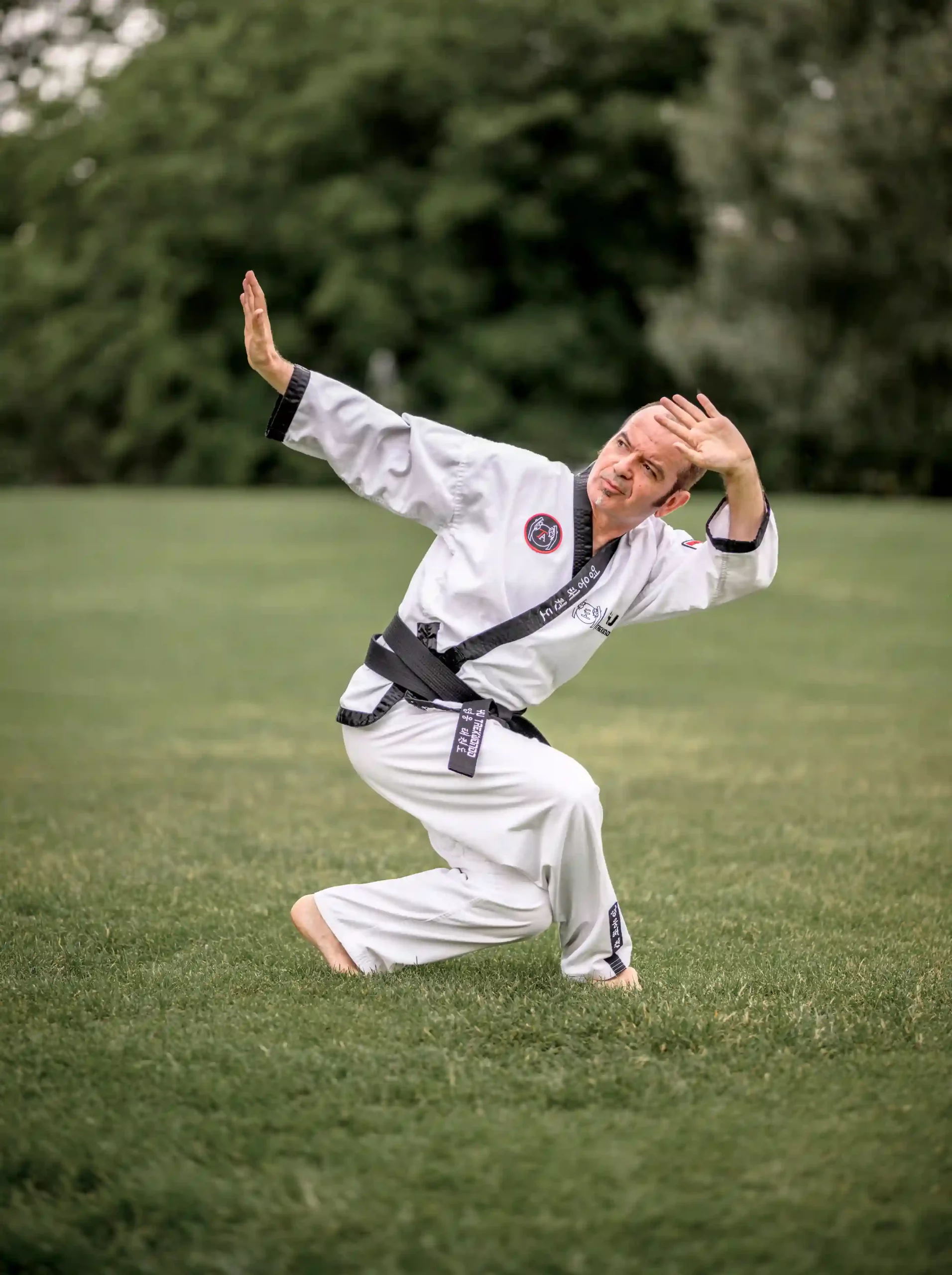Taekwondo-Schwarzgurt praktiziert konzentriert fließende Kimoodo-Bewegungen auf einer Wiese.