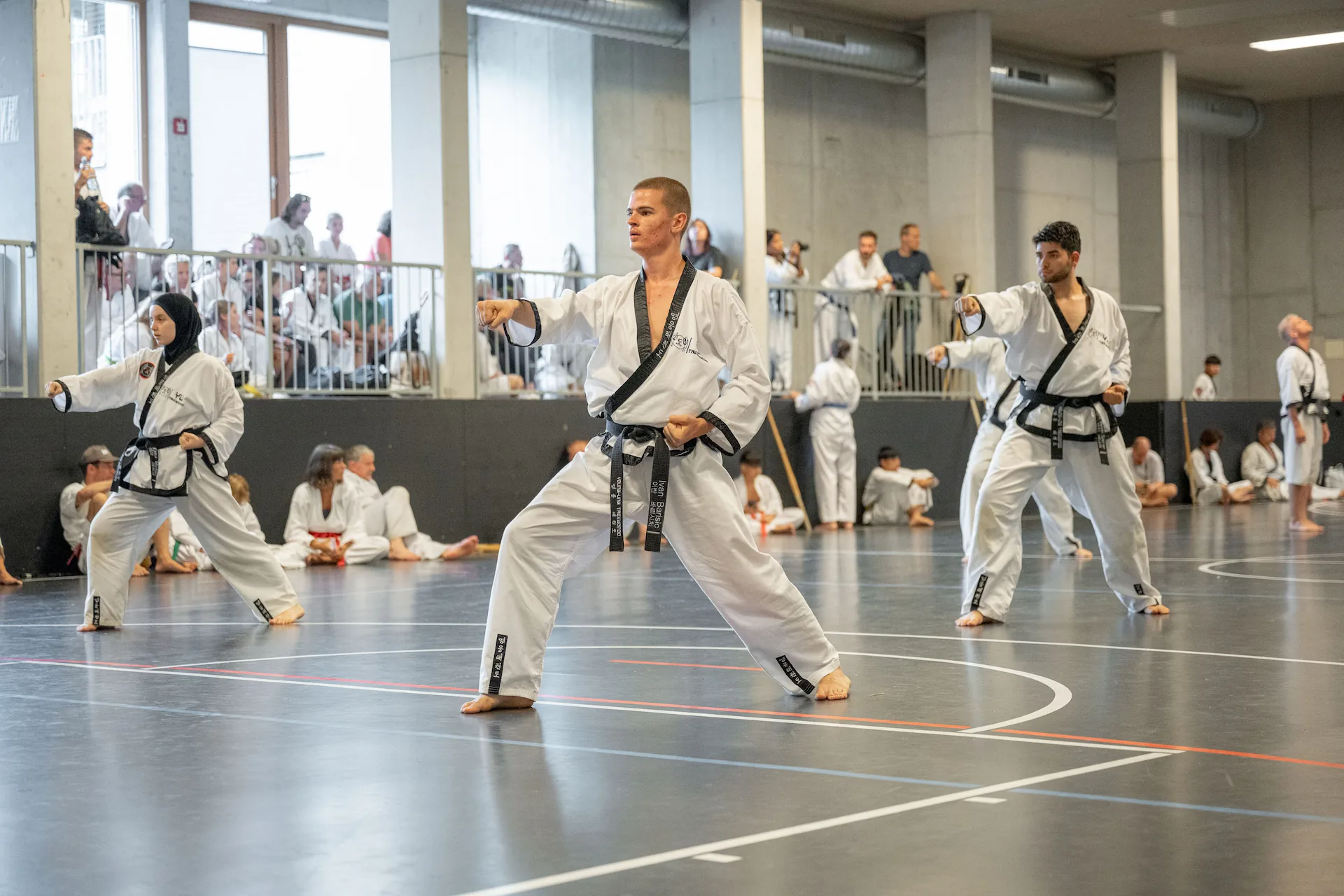 Erwachsene führen beim Taekwondo-Training in der Sporthalle kraftvolle Fauststöße in tiefer Kampfstellung aus.